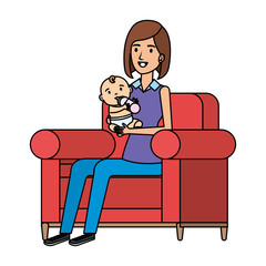 mother lifting little baby seated in sofa