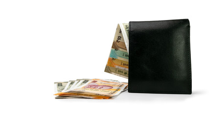 Black leather wallet on white background with Five Hundred , two hundred and fifty rupees Indian Currencies laid outside