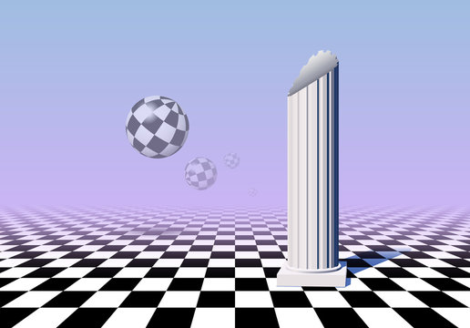 Black And White Balls Flying Over Checkered Floor With Column, Pink And Blue Gradient Background In Vaporwave Aesthetic