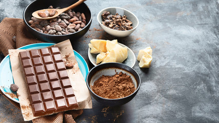 Cacao beans, powder, cacao butter  and chocolate bar