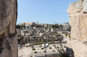 View from the city wall to Jerusalem near Jaffa Gate in old city of Jerusalem, Israel