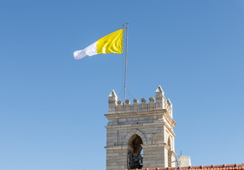 Flag of the Vatican State over the Latin Seminar & Patriarchy near the Jaffa Gate in old city of Jerusalem, Israel