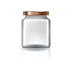 Blank clear square jar with copper lid for supplements or food product. Isolated on white background with reflection shadow. Ready to use for package design. Vector illustration.