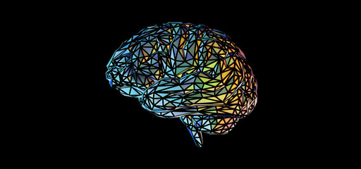 Fototapeta premium Low poly brain illustration glowing on black BG