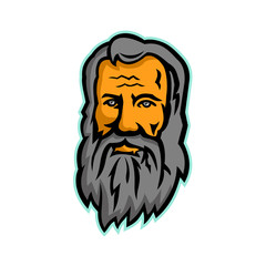 Mascot icon illustration of head of Michelangelo di Lodovico Buonarroti Simoni or simply Michelangelo, an Italian sculptor, painter, architect and poet of the Renaissance front view in retro style.