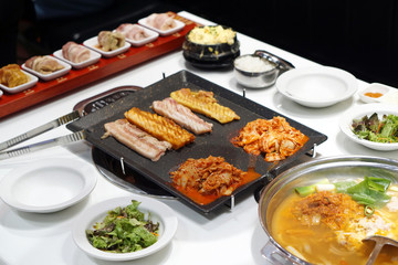 Korean grilled pork belly BBQ (Samgyeopsal Gui) - The popular Korean barbecue dish, served with...