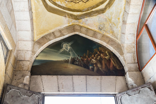 Drawing under the ceiling - Jesus Christ carrying the cross in Armenian Church of Our Lady of the Spasm plaque In Memory of the Armenian Martyrs in the old city of Jerusalem, Israel