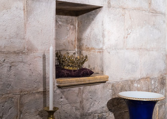 Jerusalem, Israel, The crown lies on a pillow in a niche in the wall in the prayer hall in the cave in the Church of Saint Anne in the old city of Jerusalem, Israel