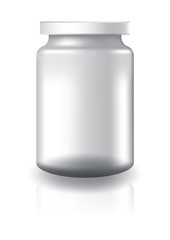 Blank clear round jar with white lid medium high size for supplements or food product. Isolated on white background with reflection shadow. Ready to use for package design. Vector illustration.