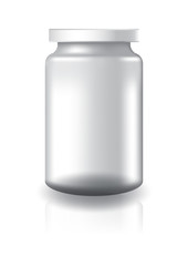 Blank clear round jar with white lid high size for supplements or food product. Isolated on white background with reflection shadow. Ready to use for package design. Vector illustration.