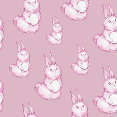 Cute and adorable watercolor easter bunny with a white egg in its paws. Mascot animal for Easter holidays decorations