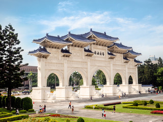 Taipei, Taiwan - May 13, 2019: Arch in front of the Liberty Square (Freedom Square) Main Entrance gate with tourist visiting Chiang Kai-Shek memorial hall in Taipei Taiwan.