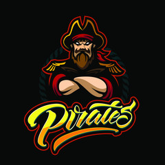 Vector cartoon style pirate emblem pirates for baseball team. Handmade lettering logotype. Pirates modern typography isolated black background for t-shirt, banner, card, postcard, sale