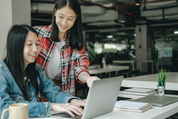 girl teenager college high school student studying with computer