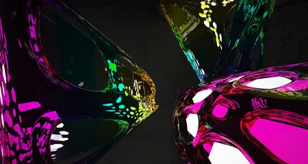 Abstract black and colored gradient glasses interior multilevel public space with neon lights. 3D illustration and rendering.