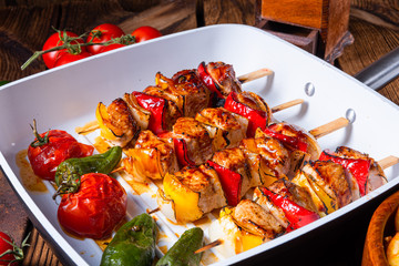 marinated kebab skewers with meat and vegetables