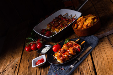 marinated kebab skewers with meat and vegetables
