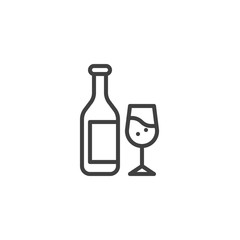 Champagne bottle and glass line icon. linear style sign for mobile concept and web design. Wine bottle with wineglass outline vector icon. Symbol, logo illustration. Vector graphics