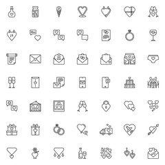 Love and wedding line icons set. linear style symbols collection, outline signs pack. vector graphics. Set includes icons as elixir bottle, Heart calendar, Wedding invitation card, engagement rings