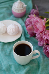A tasty snack: a cup of coffee and a plate of zefirs.