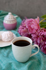 A tasty snack: a cup of coffee and a plate of zefirs.