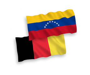 National vector fabric wave flags of Venezuela and Belgium isolated on white background. 1 to 2 proportion.