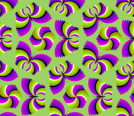 Green and purple background with flowers and butterflies. Motion illusion. Seamless pattern.