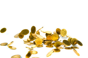 Falling gold coin, flying coin, rain money isolated on white background, business and financial wealth and take profit concept.