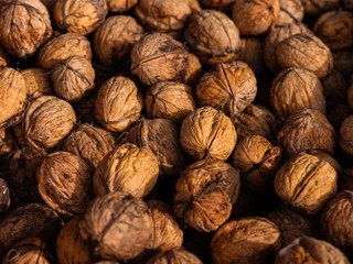 Wallnuts background, selective focus