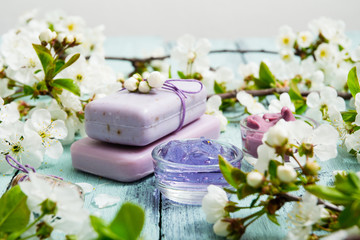 cosmetics, soaps and cherry flowers