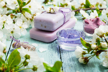 cosmetics, soaps and cherry flowers