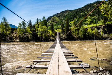 Wooden bridge over the Katun river