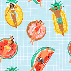 Seamless pattern with people floating on inflatable ring. Summer rest and vacation collage. Trendy texture for textile, wrapping paper, packaging etc. Vector illustration on checkered background.
