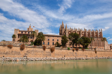 Panoramic view of La Seu, the gothic medieval cathedral of Palma de Mallorca, Spain.