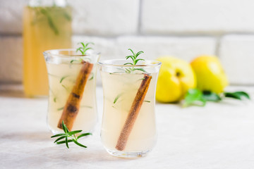 Spiced fermented cinnamon ginger kombucha. Selective focus, space for text.