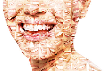 Laughing women and men with great teeth over white background. Healthy beautiful male and female smile. Teeth health, whitening, prosthetics and care. Set of perfect smiles. Happy people, detail.