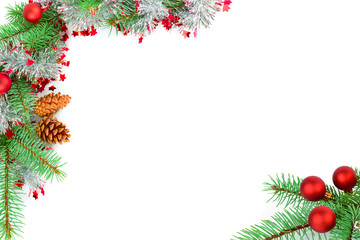 Christmas decorations. Elegant frame of Christmas tree decorations and spruce twigs. Free space for your text.