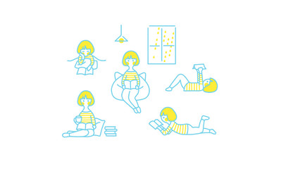 雨の日に部屋で読書する女の子　ベクターイラストセット