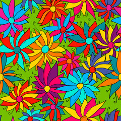 Seamless pattern background with different abstract flowers. Chamomile, aster