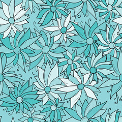 Seamless pattern background with different abstract flowers. Chamomile, aster
