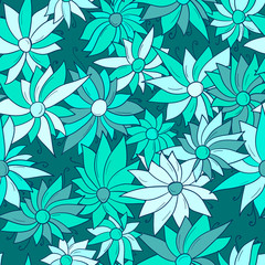 Seamless pattern background with different abstract flowers. Chamomile, aster