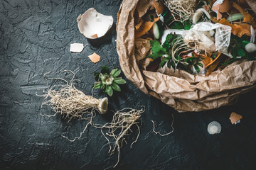 Organic food waste from vegetable ready for recycling and to compost on the dark backgrond....
