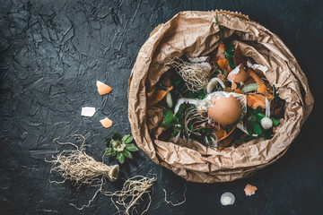 Garbage sorting. Organic food waste from vegetable ready for recycling and to compost on the dark backgrond. Environmentally responsible behavior, ecology concept. Flat lay - 271890908