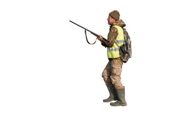 A hunter in the ammunition, a reflecting vein stands, holds a gun in his hand, close-up. Isolated image on white background.