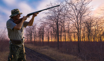 Silhouette of a hunter with a gun in the reeds against the sun, an ambush for ducks with dogs	
