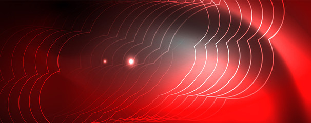 Shiny neon techno template. Neon lines background, 80s style laser rays