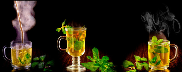 Set Cups with green tea and mint on black background