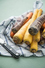 Bunte Urkarotte und Möhren in Lila, Orange und Gelb auf Geschirrtuch mit Messer auf Pastell Mint...