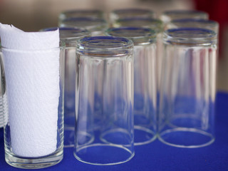 Clean empty glasses usually use in Thailand street food restaurant and also use in setting table in Chinese food style.