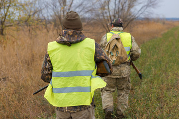 Hunters with a german drathaar and spaniel, pigeon hunting with dogs in reflective vests	